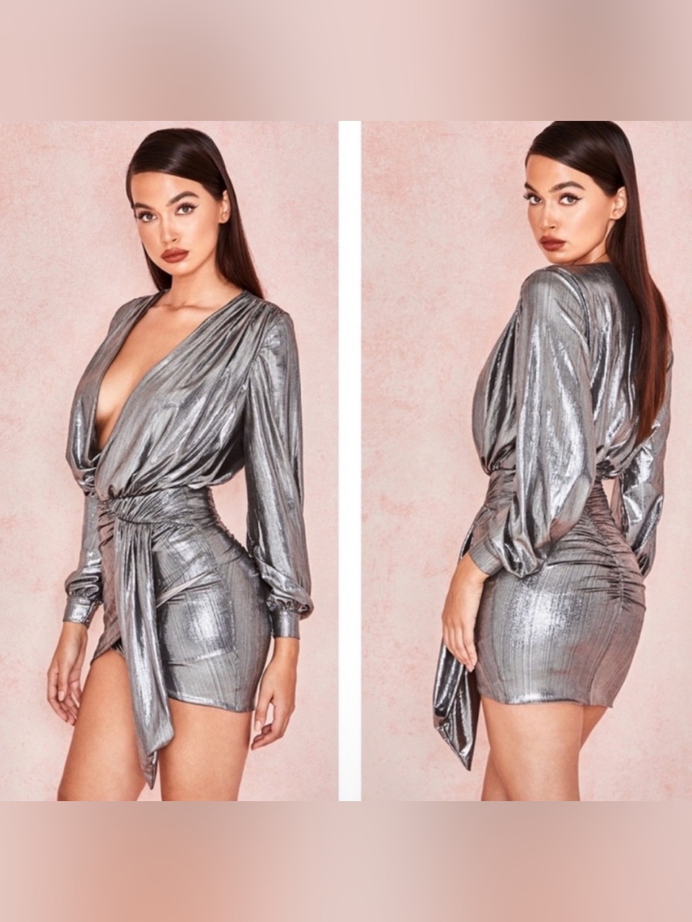 House of CB Alvona Metallic Silver Drape Mini Dress Size Small Faux Wrap Stretch